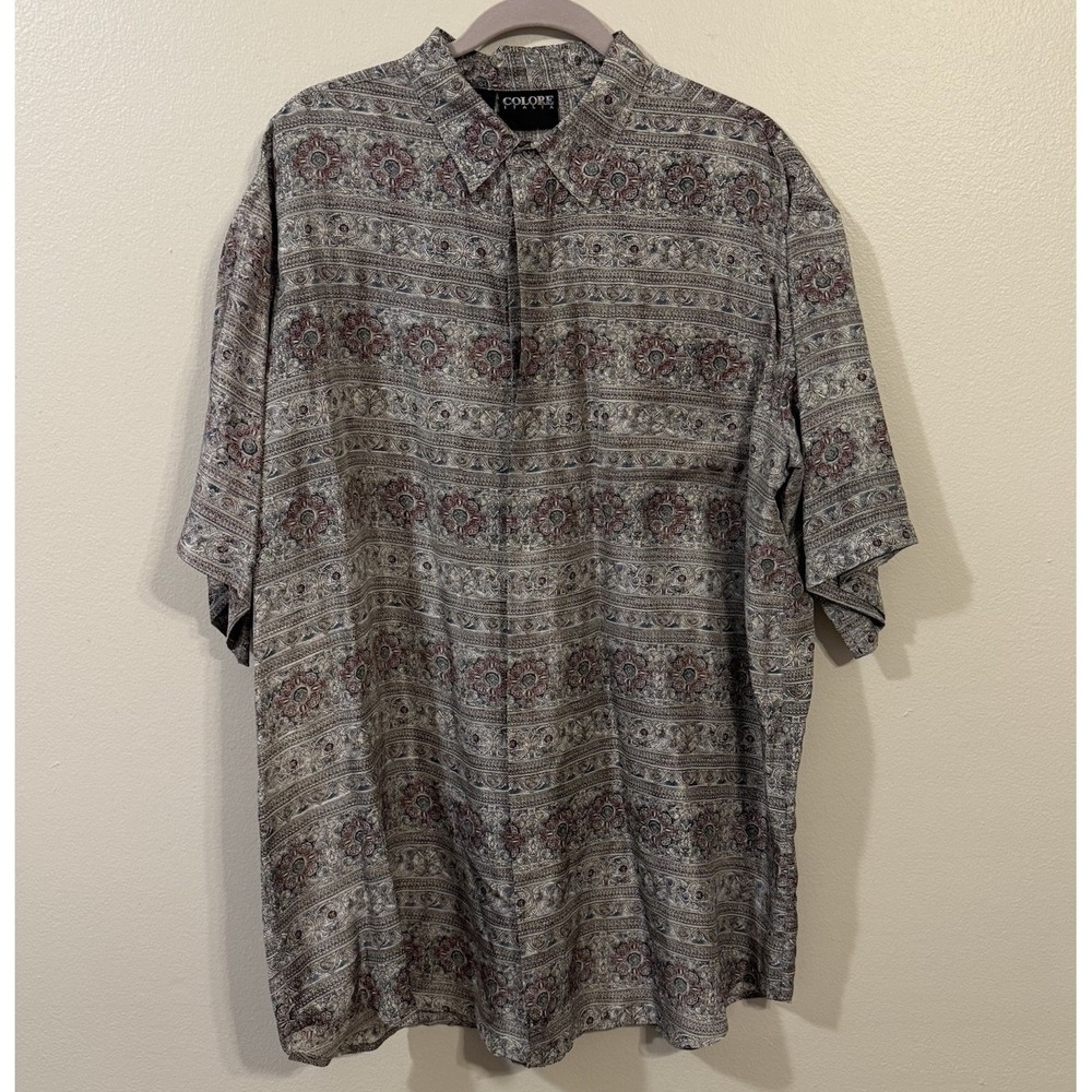 Vintage Colore Italia Mens Silk Button Down Shirt Medallion Print XL 90s Retro